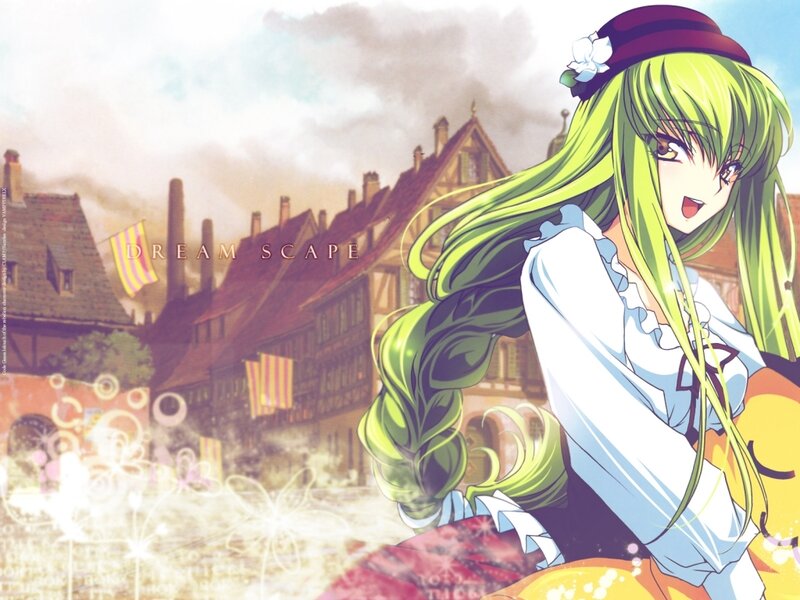 green-haired anime girl in town