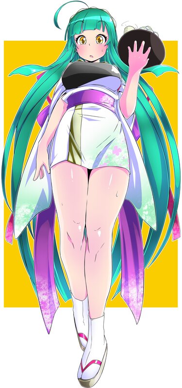 green-haired anime girl in traditional outfit