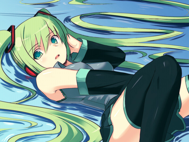 green-haired anime girl in water