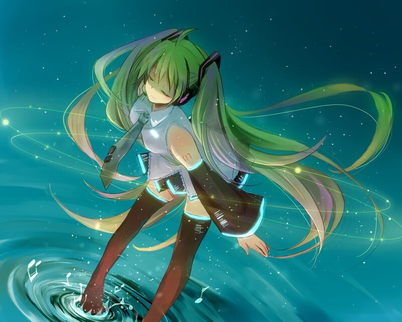 green-haired anime girl in water