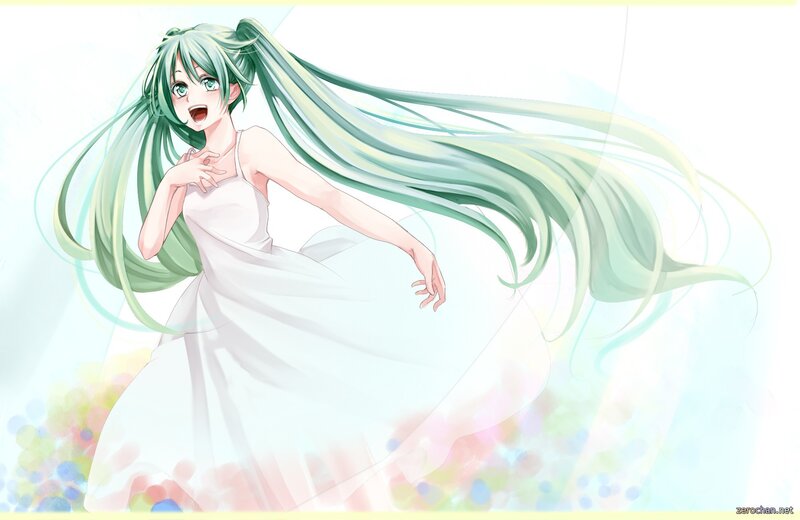 green-haired anime girl in white dress