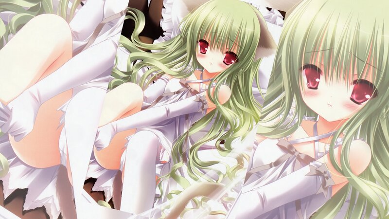 green-haired anime girl in white dress