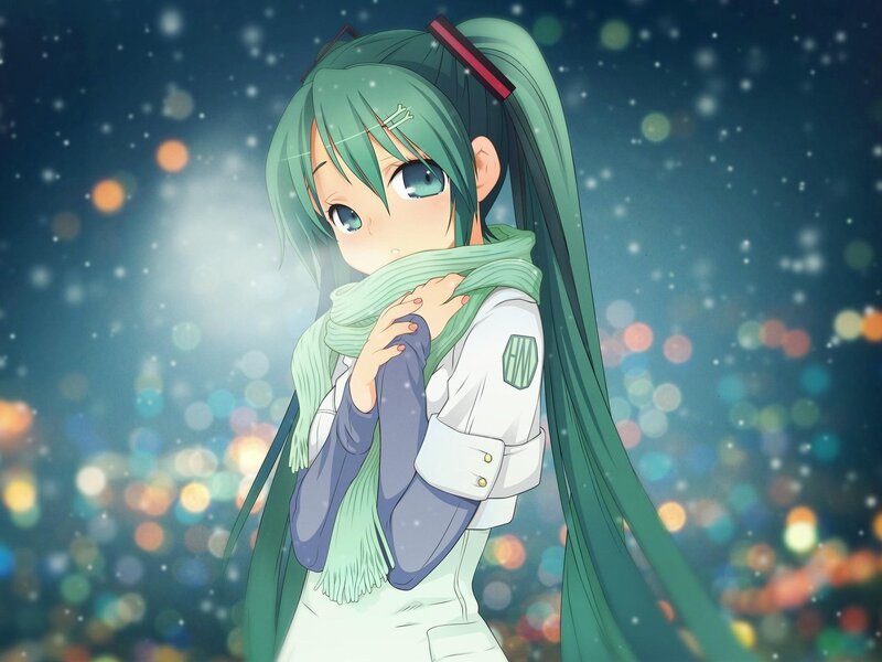 green-haired anime girl in winter