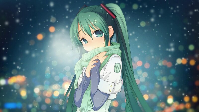 green-haired anime girl in winter