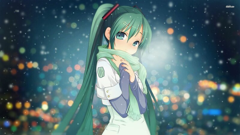 green-haired anime girl in winter