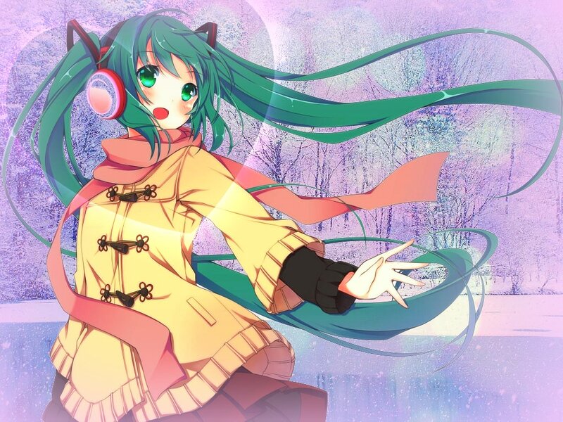 green-haired anime girl in winter