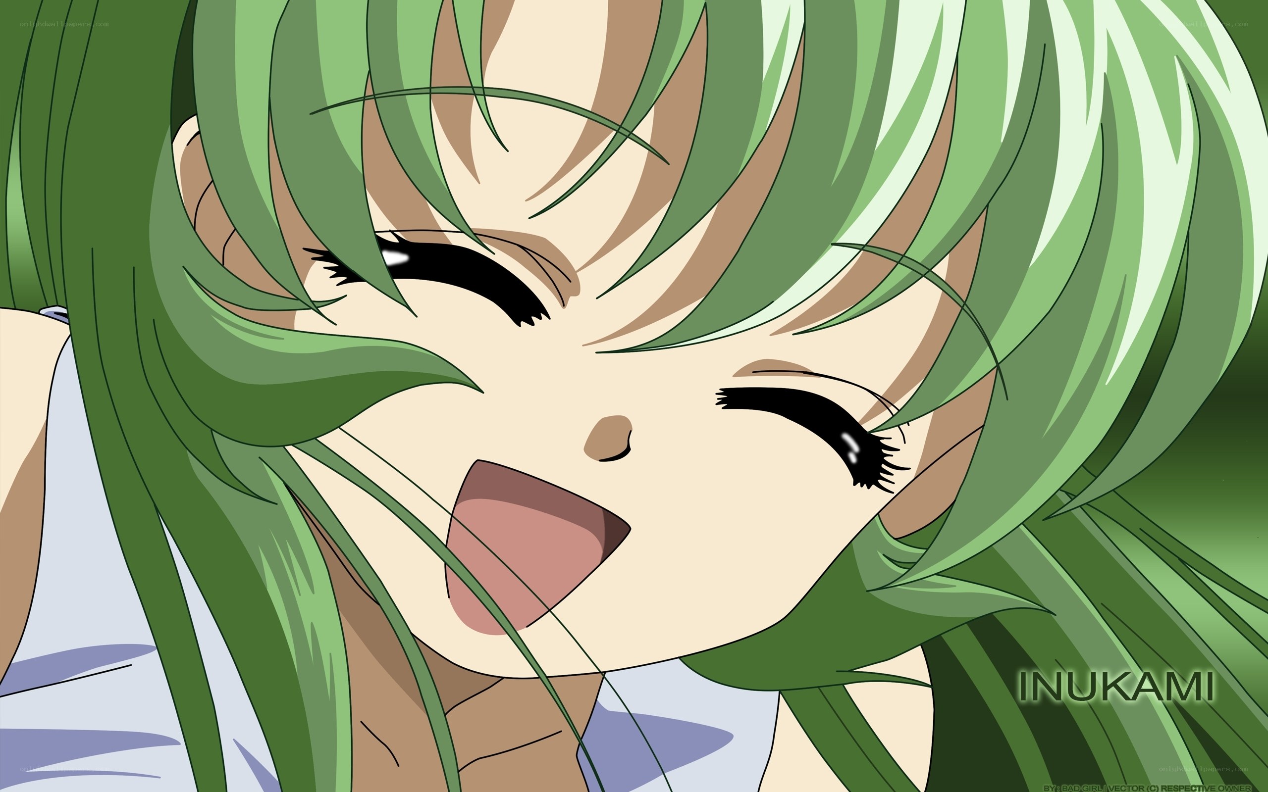 green-haired anime girl laughing