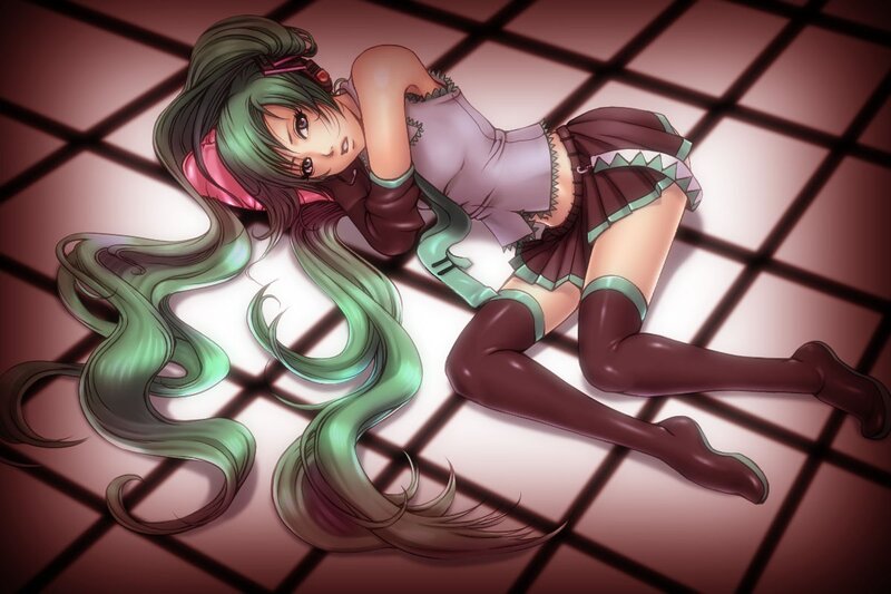 green-haired anime girl lying down