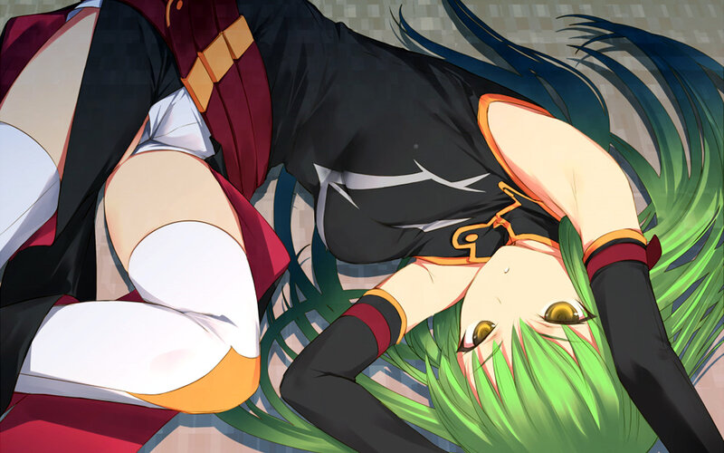 green-haired anime girl lying down