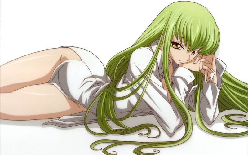 green-haired anime girl lying down