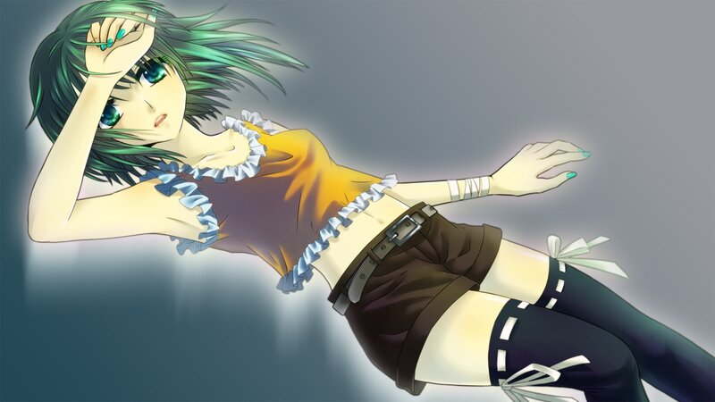 green-haired anime girl lying down
