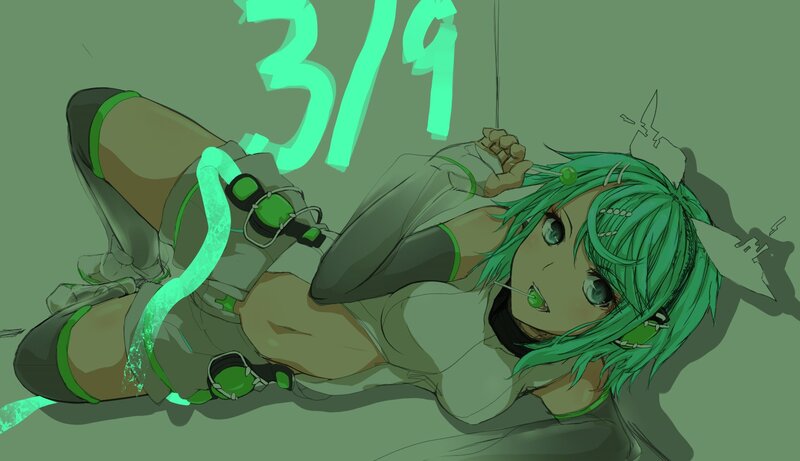 green-haired anime girl lying down