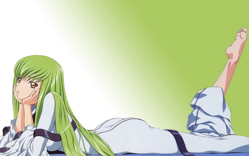 green-haired anime girl lying down