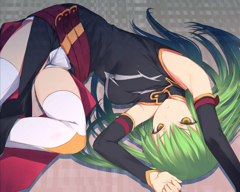 green-haired anime girl lying down