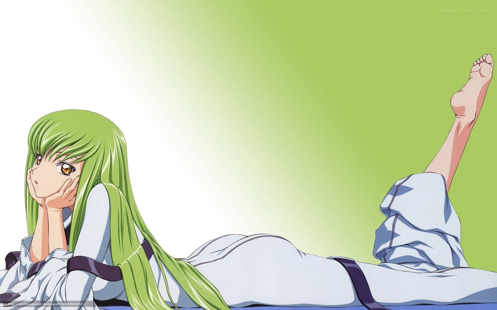 green-haired anime girl lying down