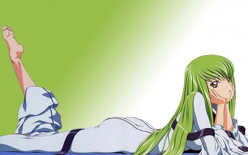 green-haired anime girl lying down