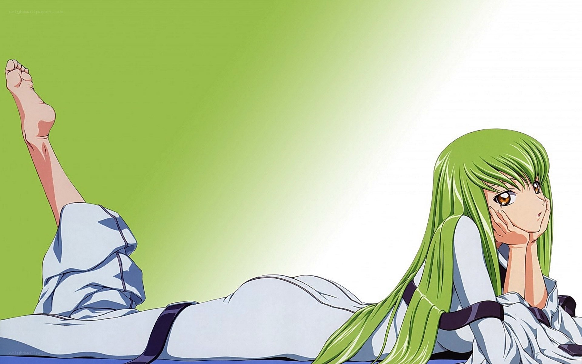green-haired anime girl lying down
