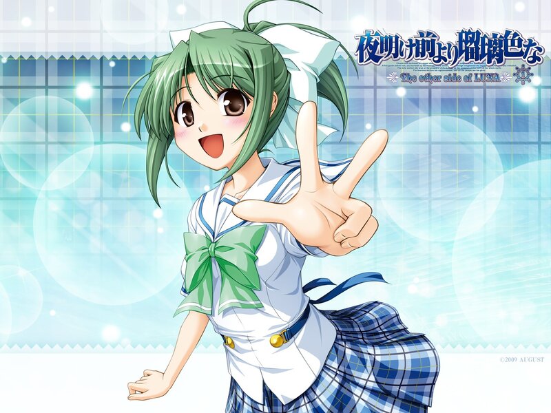 green-haired anime girl making peace sign