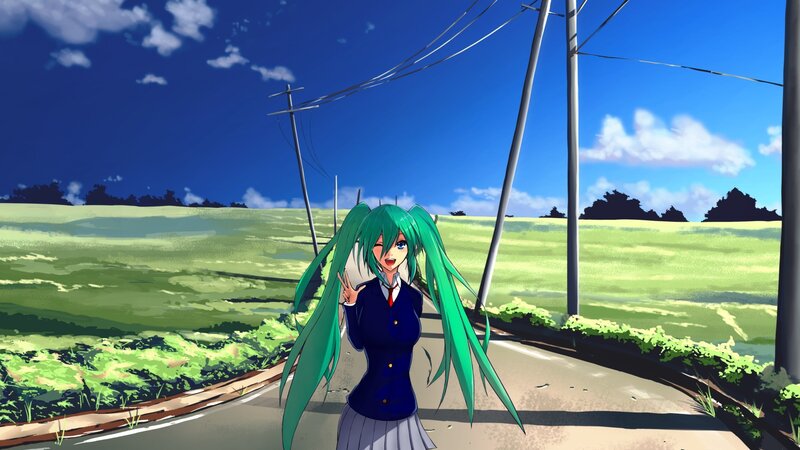 green-haired anime girl on a road