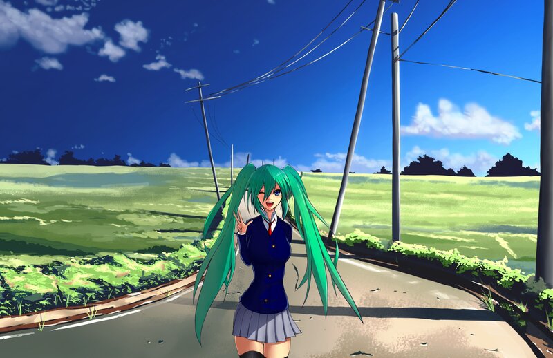 Green-haired anime girl on a road