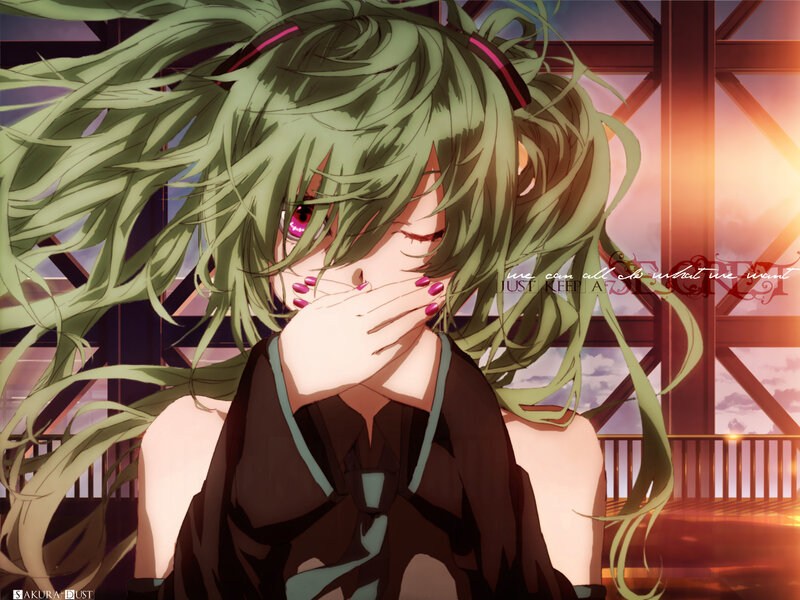 green-haired anime girl on bridge
