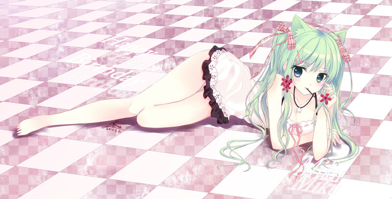 green-haired anime girl on checkered floor