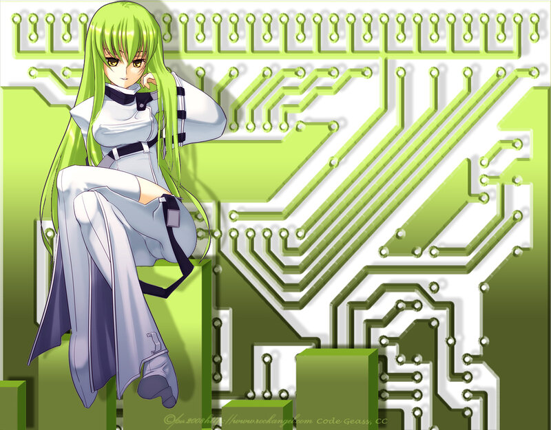 green-haired anime girl on circuit board