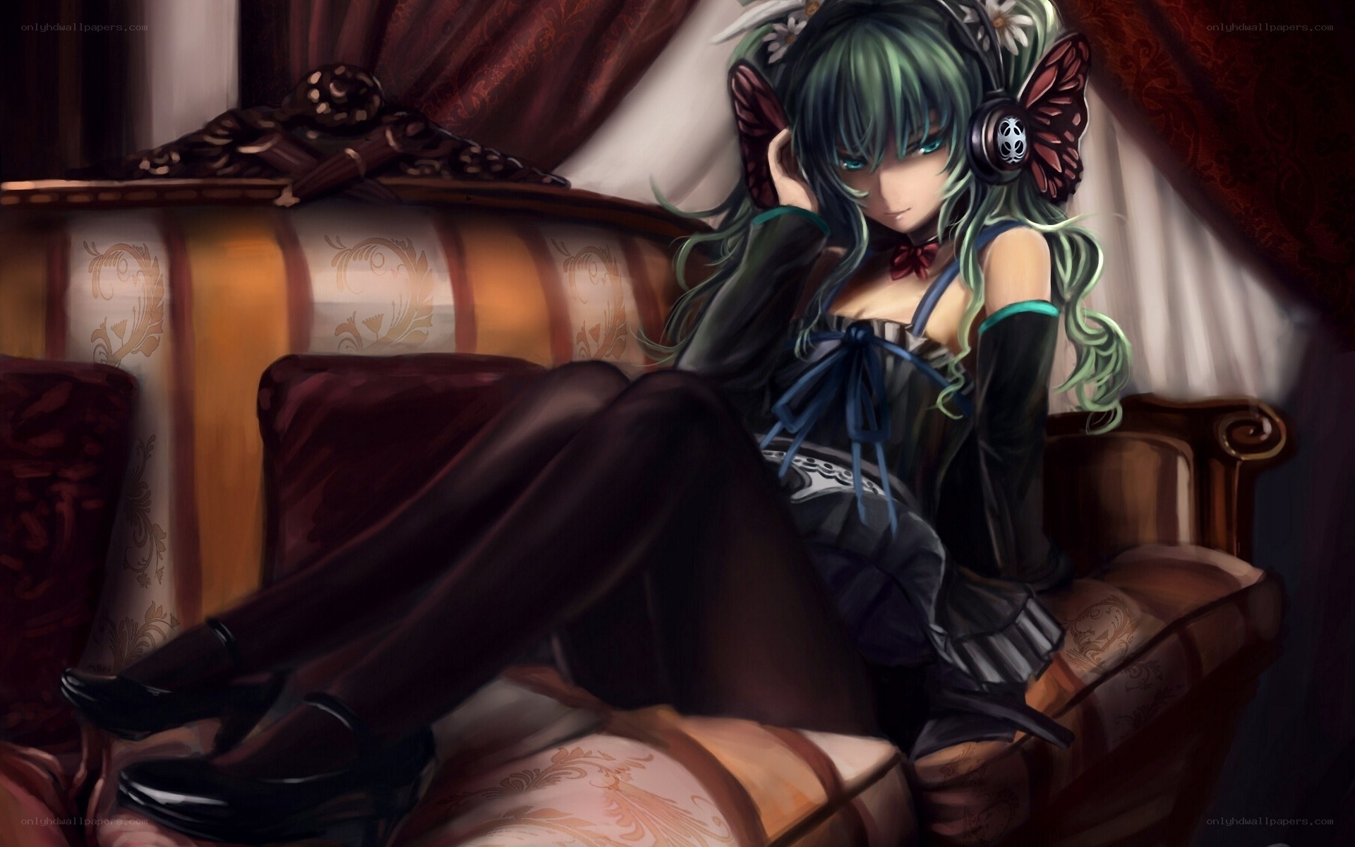 green-haired anime girl on couch