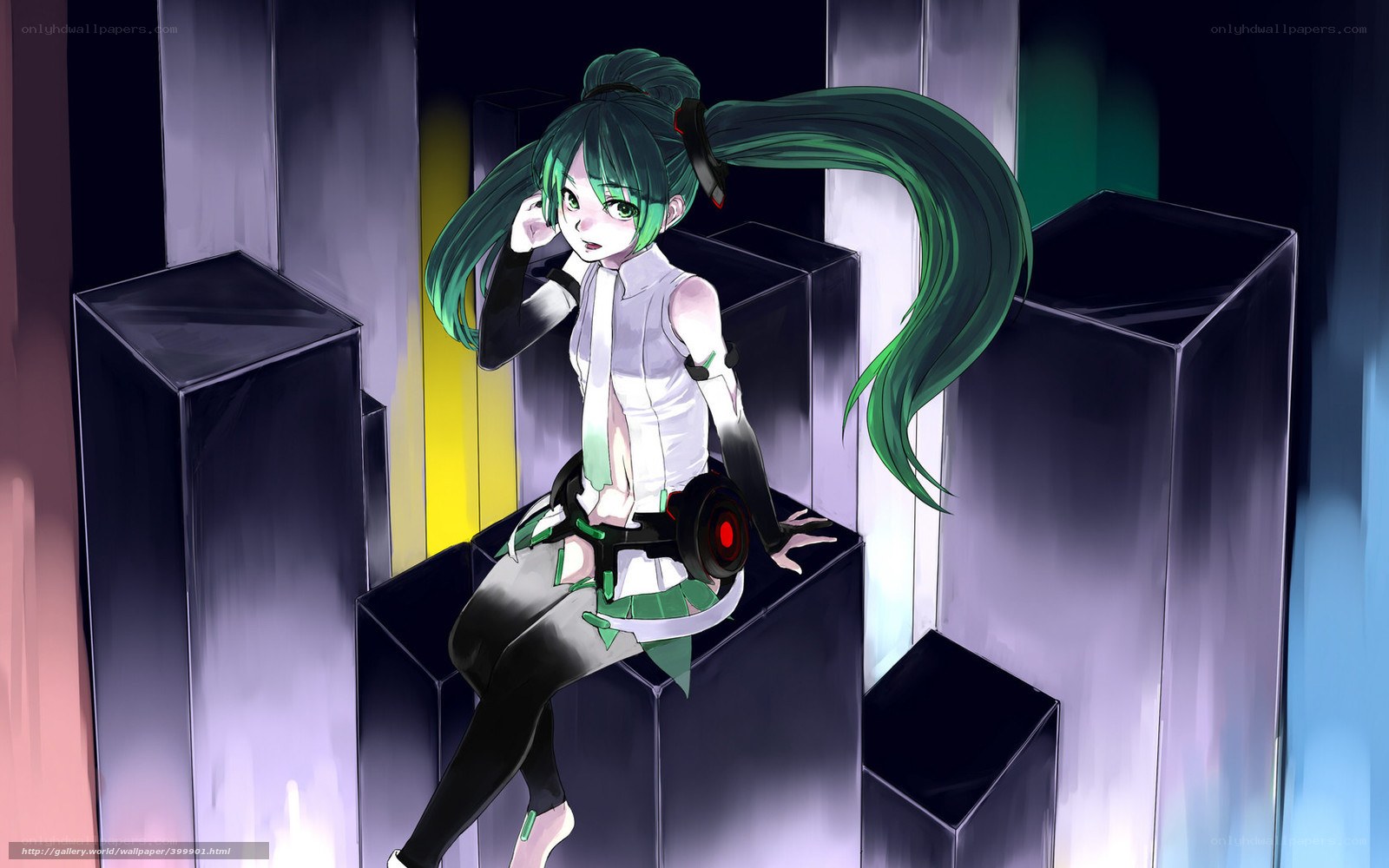 green-haired anime girl on cubes