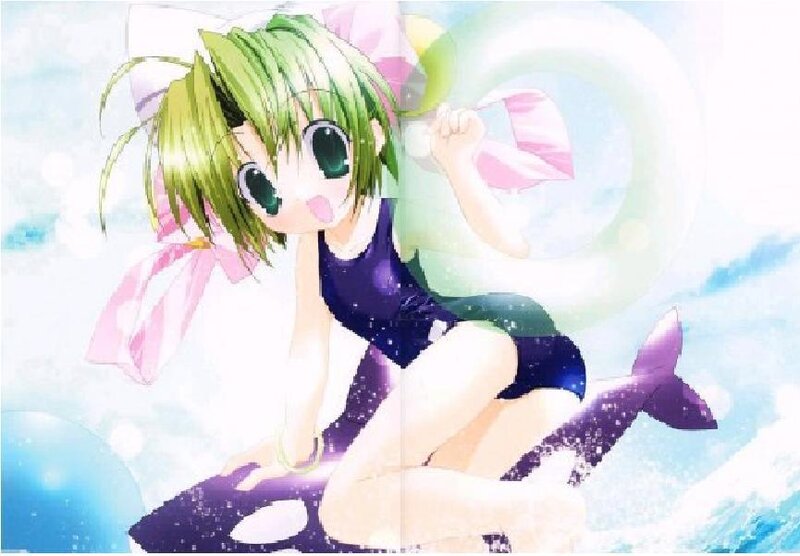 green-haired anime girl on dolphin