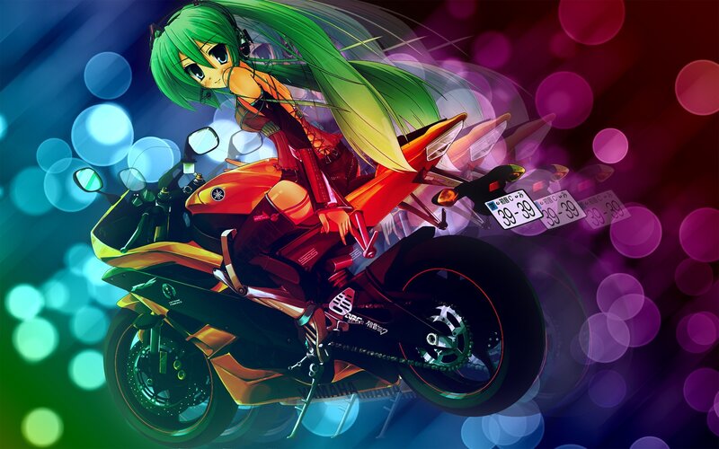 green-haired anime girl on motorcycle