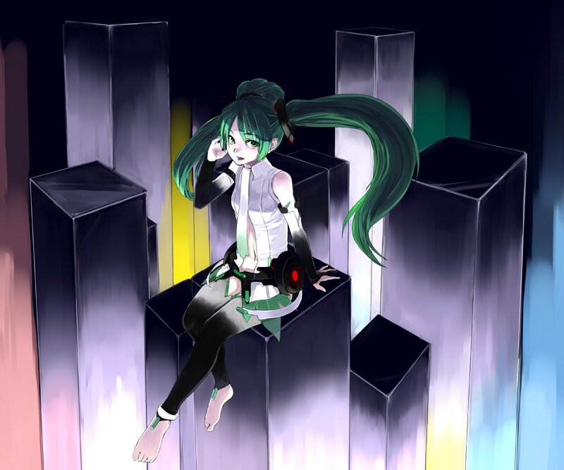 green-haired anime girl on pillars