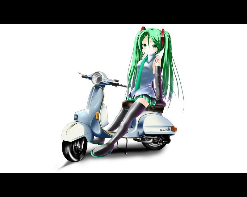 green-haired anime girl on scooter