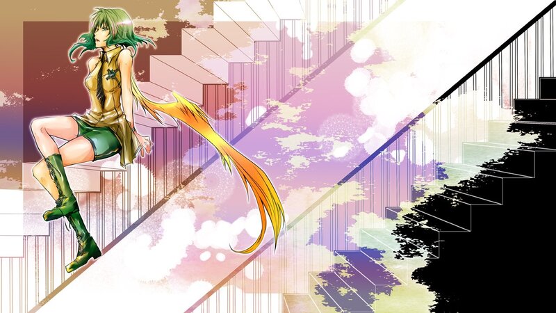 green-haired anime girl on stairs