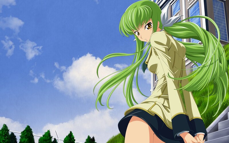green-haired anime girl outdoors