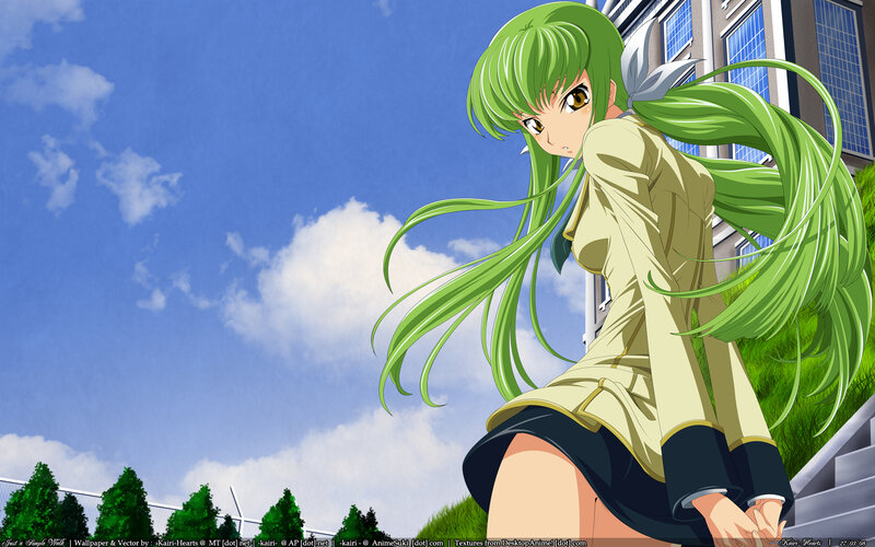 green-haired anime girl outdoors