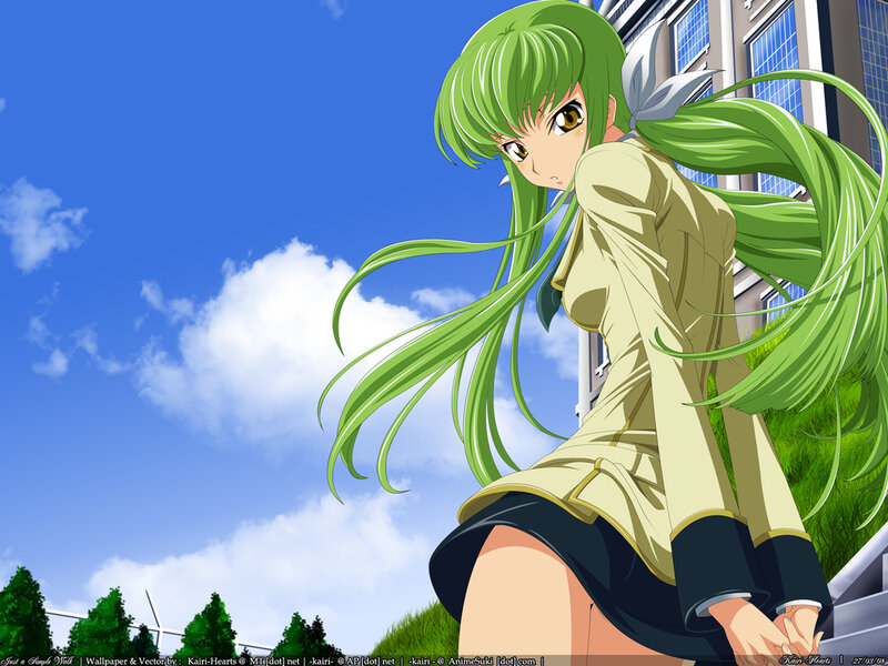 green-haired anime girl outdoors