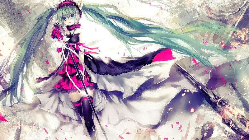 Green-haired Anime Girl — Pink, Dramatic, Digital Art