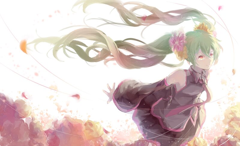Green-haired Anime Girl — Pink, Serene, Digital Art