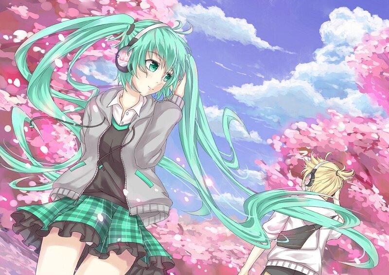 Green-haired Anime Girl — Pink, Serene, Spring, Cherry Blossoms