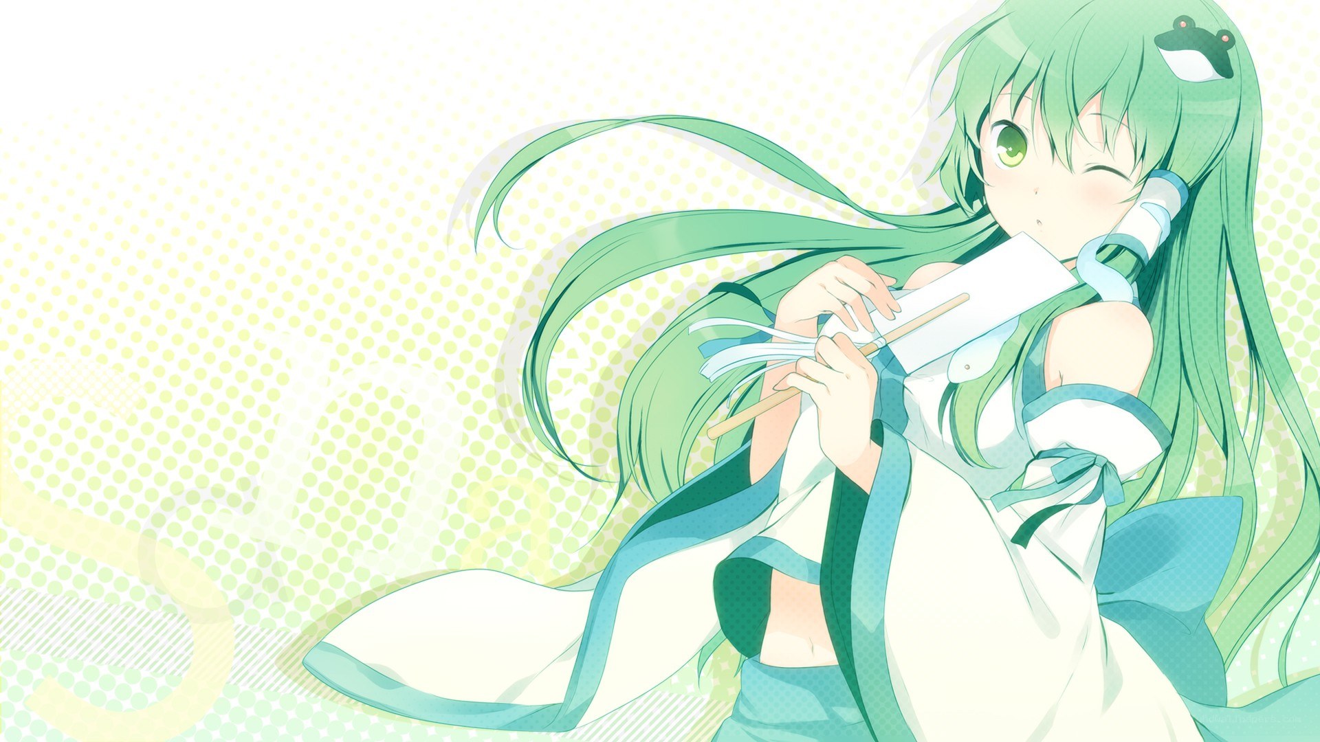green-haired anime girl playing flute