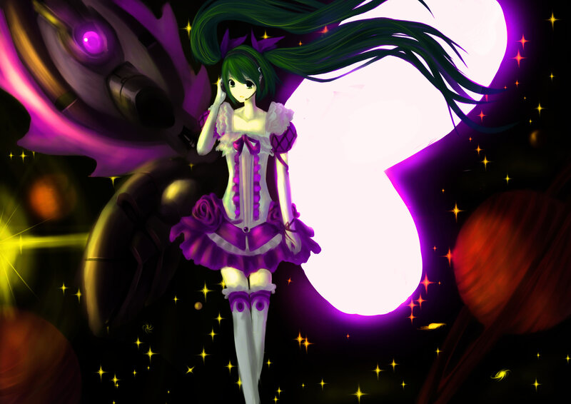 Green-haired Anime Girl — Purple, Dramatic, Night, Digital Art