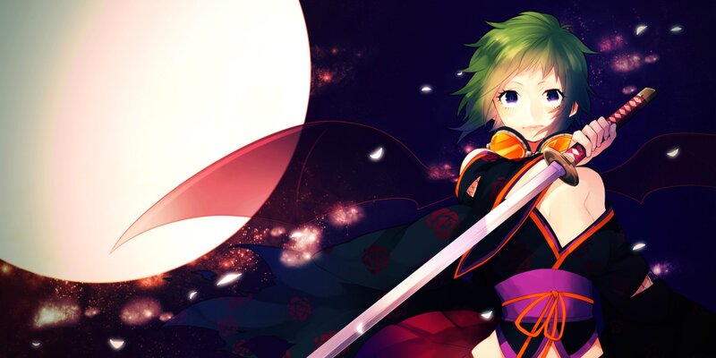 Green-haired Anime Girl — Purple, Dramatic, Night, Sword