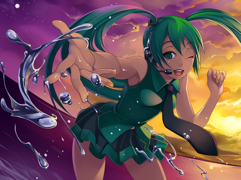Green-haired Anime Girl — Purple, Dramatic, Sunset