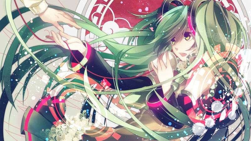 green-haired anime girl reaching out