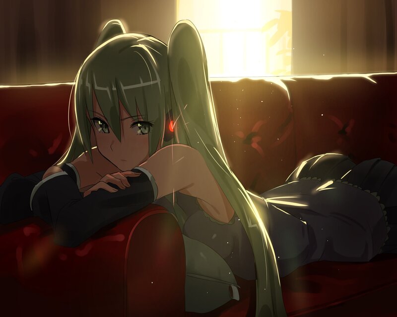 Green-haired Anime Girl — Red, Calm, Sunset, Couch