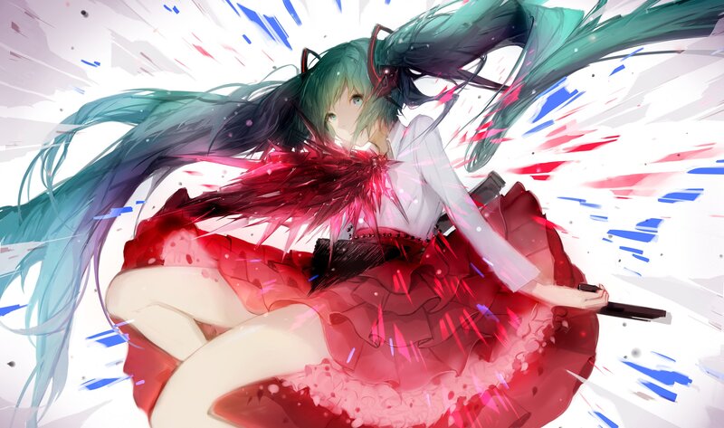 Green-haired Anime Girl — Red, Dramatic, Digital Art, Sword