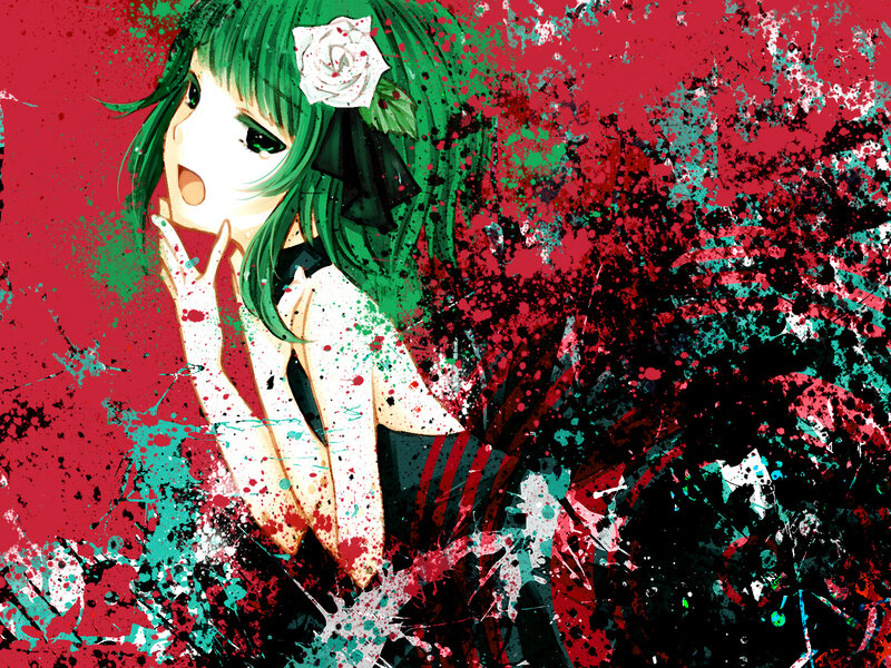 Green-haired Anime Girl — Red, Dramatic, Digital Art