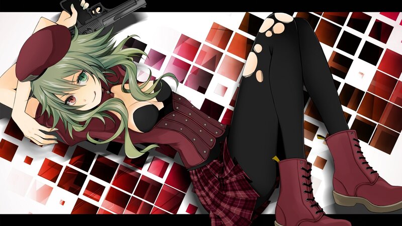 Green-haired Anime Girl — Red, Dramatic, Gun, Beret, Boots