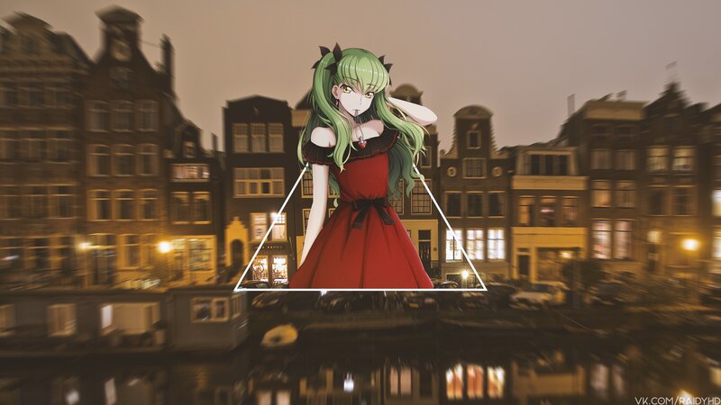 Green-haired Anime Girl — Red, Dramatic, Night, Red Dress, Cityscape